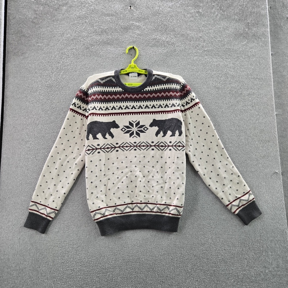 Lands' End Men Sweater M Beige Fair Isle Bears Snowflake Knitted Graphic‎ Print